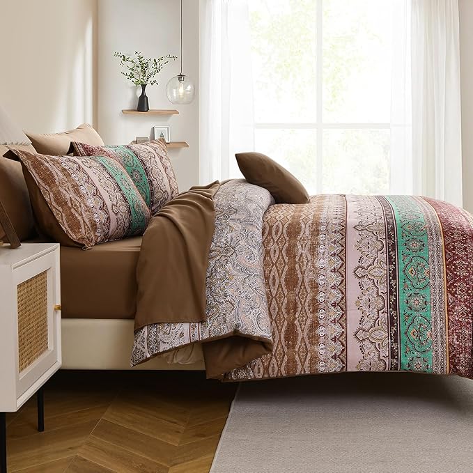 Cottolester Boho Comforter Set Full Size 8 Pieces, Brown Bohemian Striped Bed in a Bag, Paisley Soft Microfiber Bedding Comforter Set