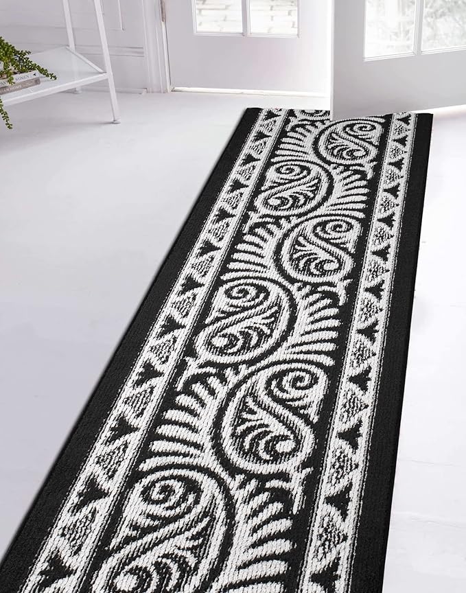 Custom Length Cut to Size Tribal Ethnic Southwestern Inspired Hallway Runner Rug, Non Slip Rubber Backed, 31 inch Wide X Customized Length, Mayan Black, 31 inch X 12 feet