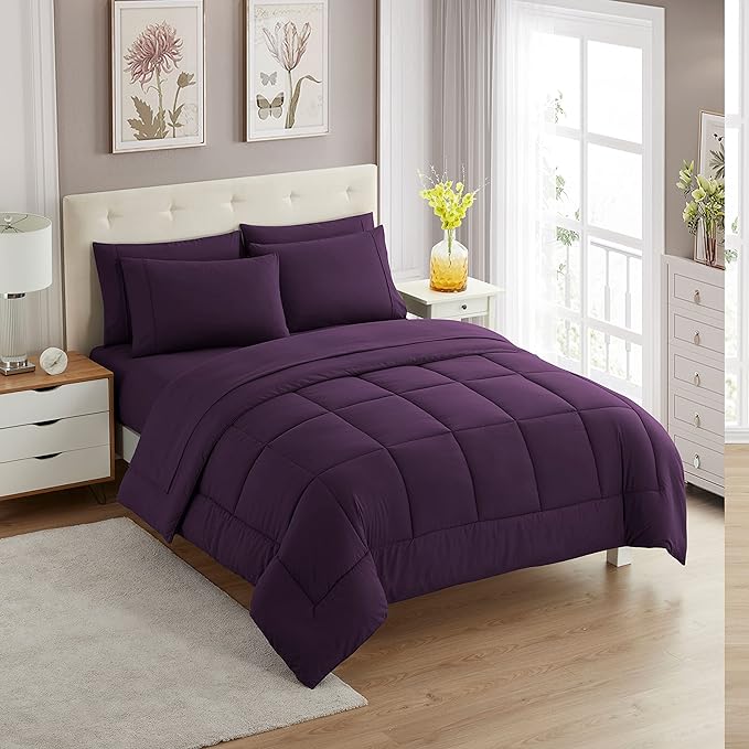 King Size Comforter Set with Sheets - 7-Piece Bedding Collection - 1 Comforter, 1 Fitted Sheet, 1 Flat, 4 Pillowcases - Deep Pocket - Soft & Breathable Premium Quality - Ideal for All Seasons, Purple