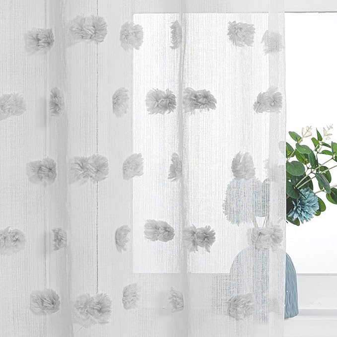 MYSKY HOME Pom Pom Sheer Curtains 2 Pack 37 x 84 in Long Grey Pom Pom Rod Pocket Voile Sheer Drapes for Bedroom, Living Room, Office