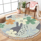 Round Rugs Floral Cute White Bunnies Hand Drawn Boho Area Rug Linen and Cotton Carpet Meditation Rug Washable Hallway Runner Mat Accent Rug for Bedroom Bathroom 4ft