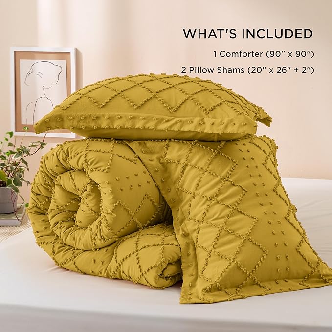 Bedsure Queen Comforter Set - Mustard Yellow Comforter, Boho Tufted Shabby Chic Bedding for Kids, 3 Pieces Vintage Farmhouse Bed Set for All Seasons, Fluffy Soft Bedding with 2 Pillow Shams