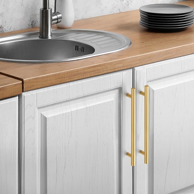 JOY DECOR 3 Pack Cabinet Handles, Gold Cabinet Pulls, 7-1/2 in Hole Center Kitchen Cabinet Handles, Stainless Steel T Bar Handles for Dresser Drawers