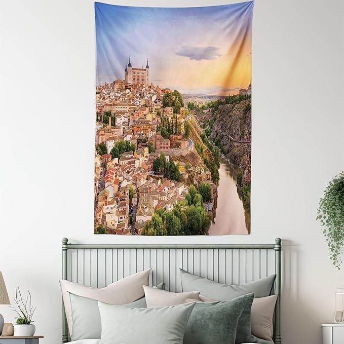 Ambesonne Scenery Tapestry, Toledo Spain Old City Over The Tagus River Downtown Castle Architecture, Wall Hanging for Bedroom Living Room Dorm Decor, 40" X 60", Apricot Cream Green