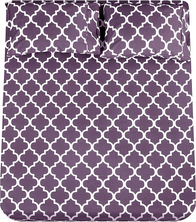 Mejoroom Full Bed Sheet Set - Super Soft Brushed Microfiber 1800 Thread Count Full Sheets with 16 inch Deep Pocket - Wrinkle Free - 4 Piece(Purple Quatrefoil with White Pattern)