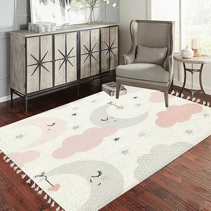 Rug Cute Sky Smiling Sleeping Moon Hearts Stars Clouds Scandinavian Chic Area Rug Washable Hallway Runner Rug Minimalist Home Decor for Living Room Bedroom Nursery Playroom Classroom