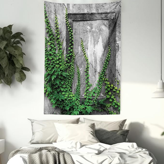 Ambesonne Mystic Tapestry, Ivy Plant on Wall Aged Antique Looking Picture Frame as a Window Creative Art, Wall Hanging for Bedroom Living Room Dorm Decor, 40" X 60", Green Grey