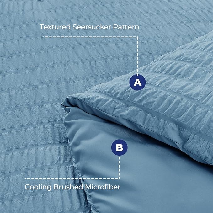 HYMOKEGE Mineral Blue California King Comforter Set Seersucker 7 Pieces, All Season Luxury Bed in a Bag for Bedroom, Bedding Set with Comforter, Sheets, Pillowcases & Shams