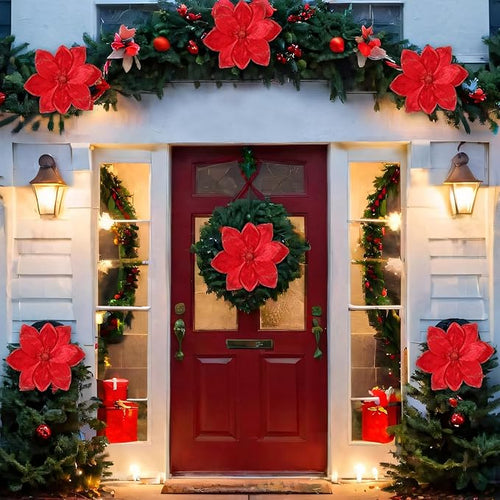 8 Pcs Large Christmas Flower Magnolia Flowers Christmas Tree Decoration Artificial Poinsettia Stems Velvet Xmas Ornaments for Xmas Tree Table Decor (Burgundy,16 Inch)