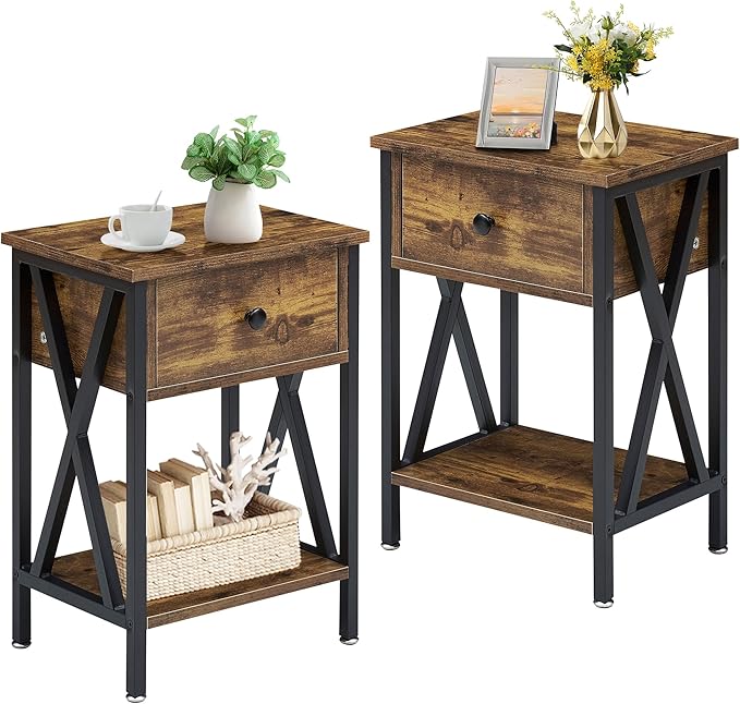 VECELO Nightstands Set of 2, Modern Bedside End Tables, Night Stands with Drawer and Storage Shelf for Living Room Bedroom, Industrial Metal Frame