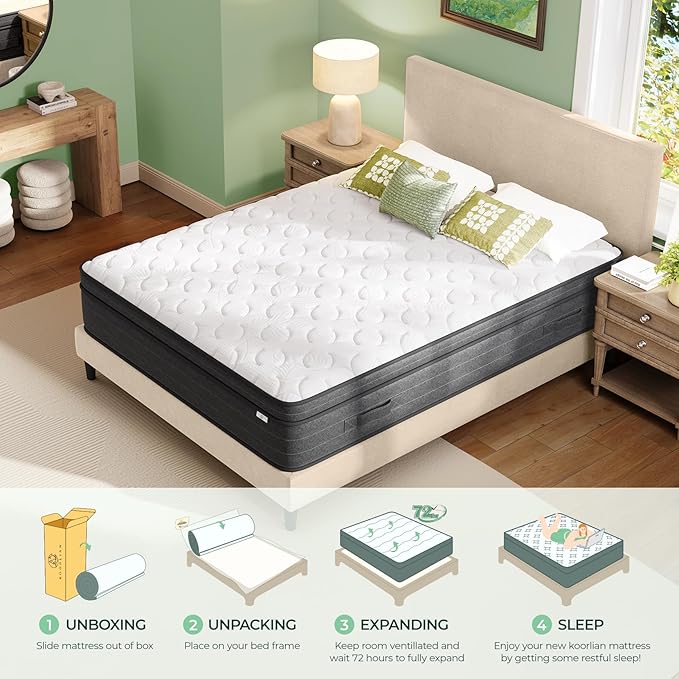 koorlian 12 Inch King Size Mattress in a Box for Back Pain, Medium Firm Feel Fiberglass Free Hybrid Mattress with Individual Pocket Springs and Pressure-Relieving Memory Foam, 120-Night Trial