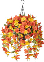 Artificial Fake Fall Hanging Flowers Plants Baskets for Outdoor Decoration, 5Pcs Faux Silk Hibiscus Long Vines in Planter Look Real for Outside Home Porch Patio Garden (YellowOrange)