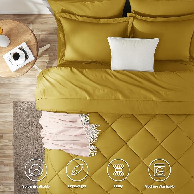 CozyLux King Size Comforter Set Mustard Yellow - 7 Pieces Bed in a Bag King, Luxury Soft Bed Set for All Seasons, Bedding Set with Down Alternative Comforter, Sheets, Pillowcases & Shams