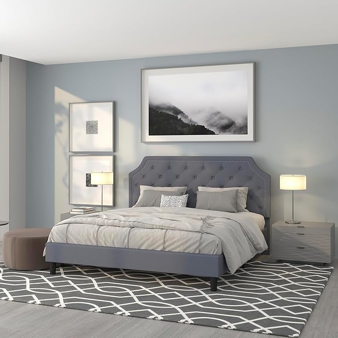 Flash Furniture Brighton King Size Tufted Upholstered Platform Bed in Light Gray Fabric