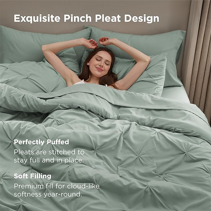 Bedsure California King Comforter Set - Bed in a Bag Cal King Bedding Set 7 PCS, GentleSoft™ Pintuck Bed Set Gift for Family, Pinch Pleat Sage Green Comforter with Sheets, Pillowcases & Shams