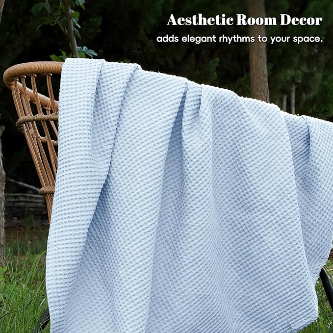 PHF 100% Cotton Waffle Weave Blanket King Size for Bed,Snag Proof Lightweight Breathable Throw for Couch,Great for Layering in Cold Weather,Machine Washable,Home Decor Gift-Sky Blue/Baby Blue