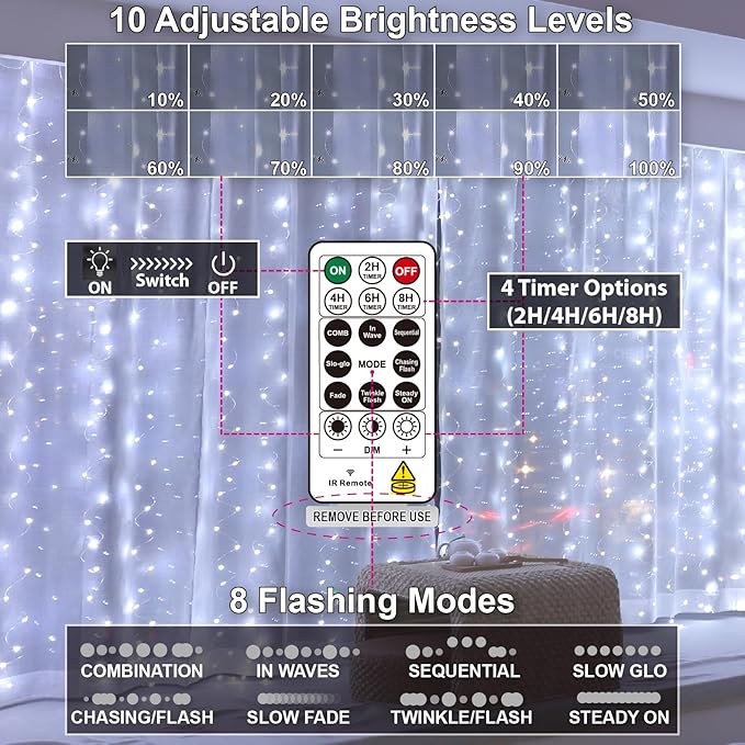 HXWEIYE 300LED Fairy Curtain Lights, 9.8x9.8Ft USB Plug-in 8 Modes Christmas String Hanging Lights with Remote for Bedroom Backdrop Wedding Party Indoor Wall Decor, White, Standard