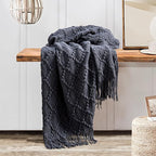 BOURINA Navy Throw Blanket 50 x70 Inches Jacquard Argyle Throw Textured Solid Soft Throws and Blankets for Sofa or Bed Knitted Decorative Blanket