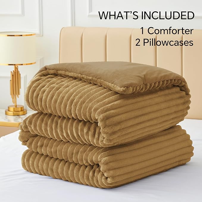 BEDELITE Fleece California King Comforter Set -Super Soft & Warm Fluffy Brown Bedding, Luxury Fuzzy Heavy Bed Set for Winter with 2 Pillow Cases