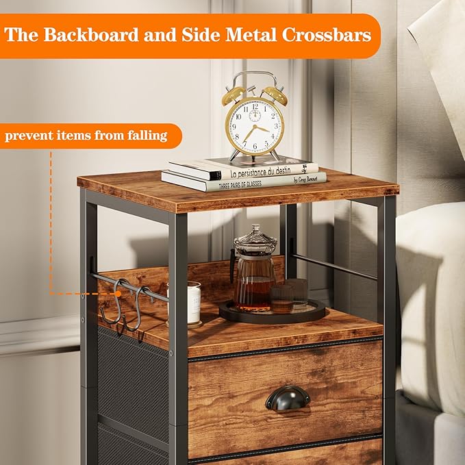 Furologee Nightstand with 2 Fabric Drawers, Night Stand with 2-Tier Shelf, Bedside Table with Hooks, Open Wooden Shelf, End Table for Bedroom, Backboard Design, Metal Frame, Rustic Brown