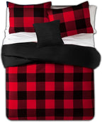 7 Piece Comforter Set Bag Solid Color All Season Soft Down Alternative Blanket & Luxurious Microfiber Bed Sheets, Full, Buffalo Plaid Burgundy/Black