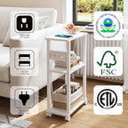 TUTOTAK Small Narrow Side Table with Charging Station, Set of 2 Skinny End Table for Small Spaces, Slim Nightstand with USB Ports and Outlet,Sofa Beside Table with Wheels, White TB01BW047