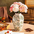 Vintage Pastoral Octagonal Vase, Green and Beige Retro Ceramic Flower Vase, Rustic Farmhouse Vases Chinoiserie Floral Large Vase for Home Decor, Living Room, Kitchen, Bedroom and Shelf 9.1 Inch