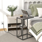 Yoobure C Shaped End Table with Charging Station, Small Side Table for Living Room, Bedroom, Sofa with USB Ports and Outlets for Small Spaces, C Couch Rustic Snack Bed Side Table