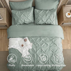 Bedsure Queen Comforter Set Sage Green - Bed in a Bag Queen Size Bedding 7 Pieces, GentleSoft™ Pintuck Bed Set Gift for Family, Pinch Pleat All Season Comforter with Sheets, Pillowcases & Shams