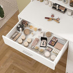 Quimoo Vanity Desk with Mirror & Lights, Makeup Vanity with 5 Drawers & Storage Shelves, White Vanity Table, 3 Color Modes & Adjustable Brightness, Dressing Table, Bedroom