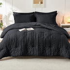 HYMOKEGE Black King Size Comforter Set Seersucker 7 Pieces, All Season Luxury Bed in a Bag for Bedroom, Bedding Set with Comforters, Sheets, Pillowcases & Shams