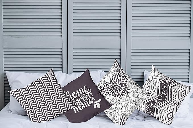 Ambesonne Geometric Throw Pillow Cushion Case Pack of 4, Home Phrase Minimal Zigzag Squama Dahlia Flower Petals Chevron Tribal, Modern Accent Double-Sided Digital Printing, 18", Dark Mauve and White