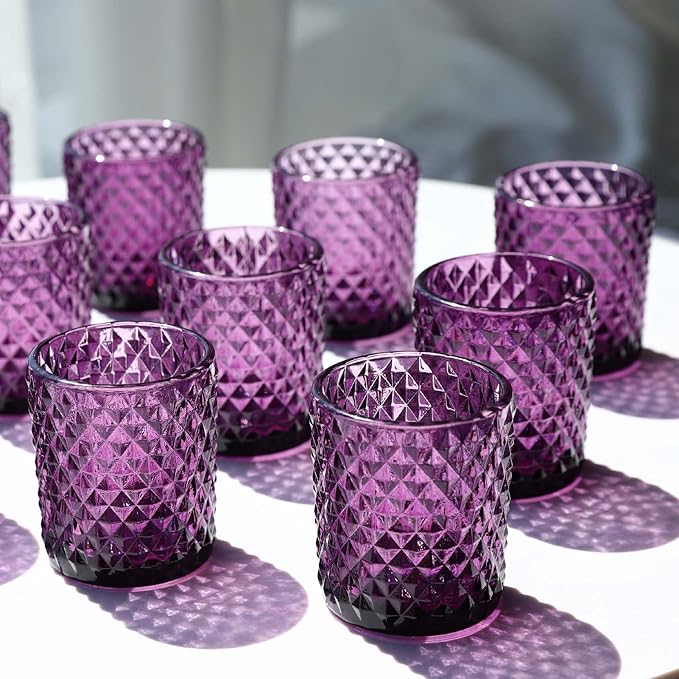 Woho 12pcs Purple Votive Candle Holders, Glass Tealight Candle Holder for Vintage Halloween Party Decor, Tea Lights Candle Holder for Wedding Engagement Table Centerpiece