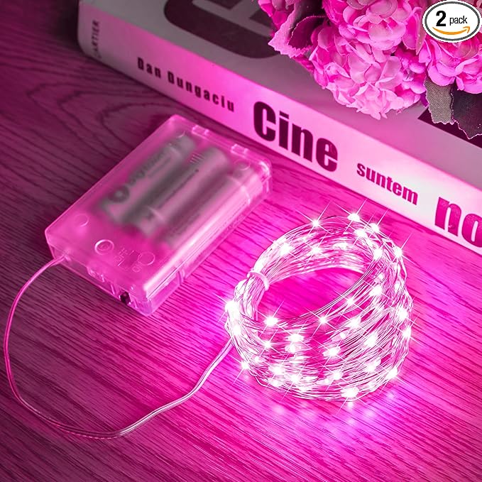 Minetom Fairy Lights Battery Operated, 2Pack 33Feet 100 LEDs Mini Battery Powered String Lights, Waterproof Twinkle Lights Mason Jar Lights for Indoor Home Wedding Christmas Decoration, Pink