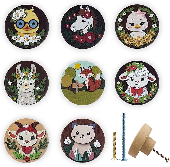 JamJam Set of 8 1.8" Wooden Unique Cabinet Kids Nursery Dresser Knobs Cute Funky Fox Horse Animal Themed Drawer Pulls and Knobs