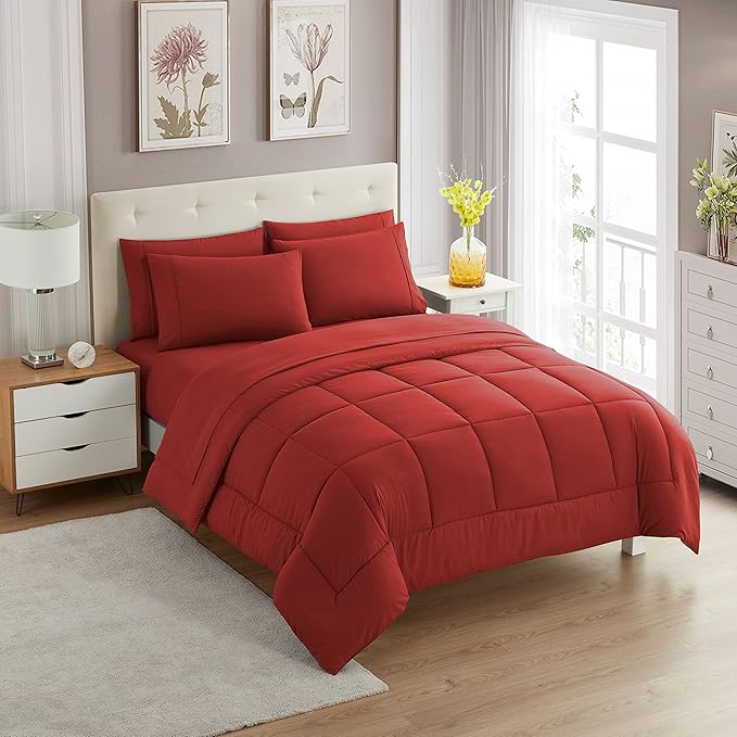 Sweet Home Collection 5 Piece Comforter Set Bag Solid Color All Season Soft Down Alternative Blanket & Luxurious Microfiber Bed Sheets, Red, Twin