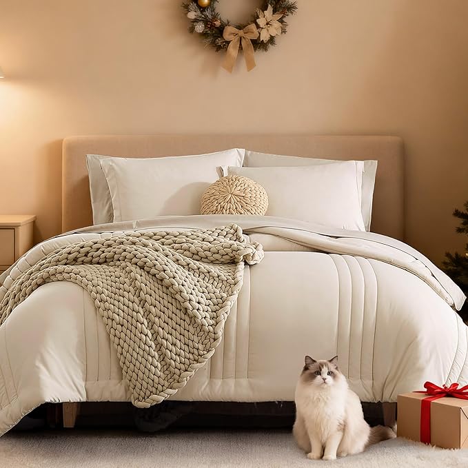 Monbix California King Size Comforter Set - 7 Pieces Bed in a Bag California King, Beige Bedding Sets with Comforter, All Seasons Down Alternative Comforter Bed Set with Sheets, Pillowcases & Shams
