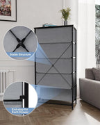 Crestlive Products Vertical Dresser Storage Tower - Sturdy Steel Frame, Wood Top, Easy Pull Fabric Bins - Wide Organizer Unit for Bedroom, Hallway, Entryway, Closets - 5 Drawers(Gray)