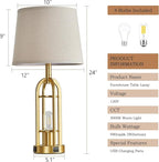 Gold Table Lamps for Living Room Set of 2 - Modern Farmhouse Bedside Lamps for Bedroom Night Stands with Nightlight and USB A+C, Industrial Lamp for Living Room End Tables