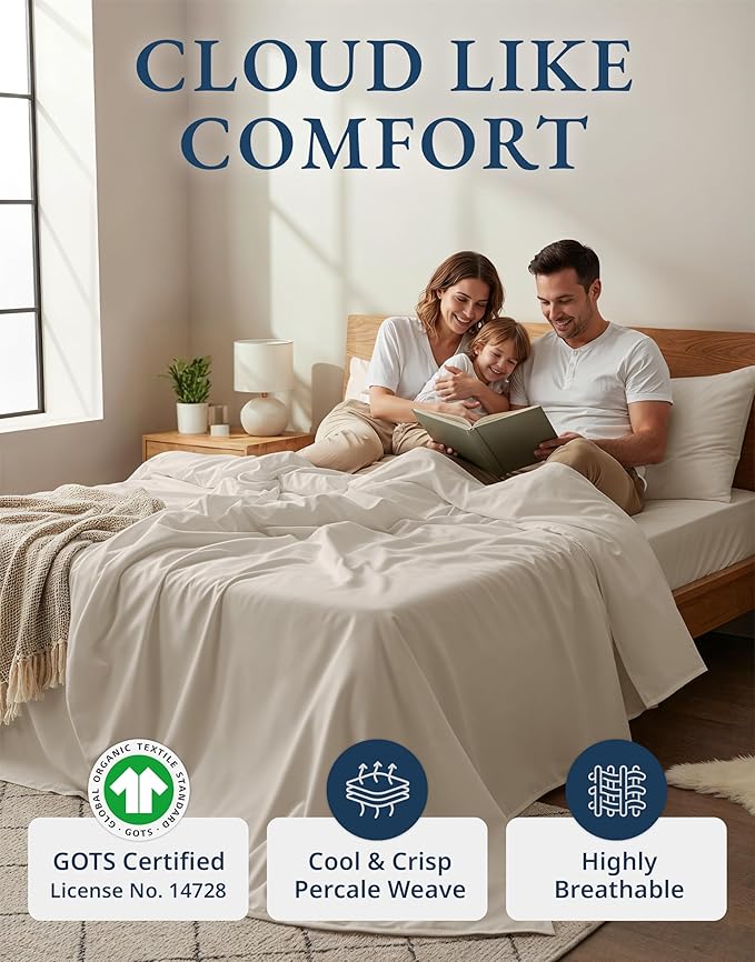LANE LINEN 100% Organic Cotton Full Sheets Set 4-Piece Pure Percale Long Staple Soft Bedding Breathable Fits Mattress Upto 15" Deep - Glacier Grey
