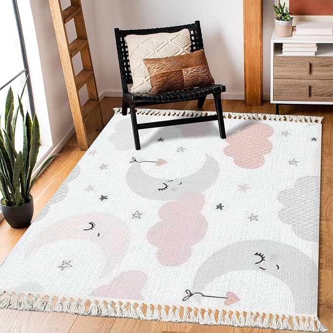Rug Cute Sky Smiling Sleeping Moon Hearts Stars Clouds Scandinavian Chic Area Rug Washable Hallway Runner Rug Minimalist Home Decor for Living Room Bedroom Nursery Playroom Classroom