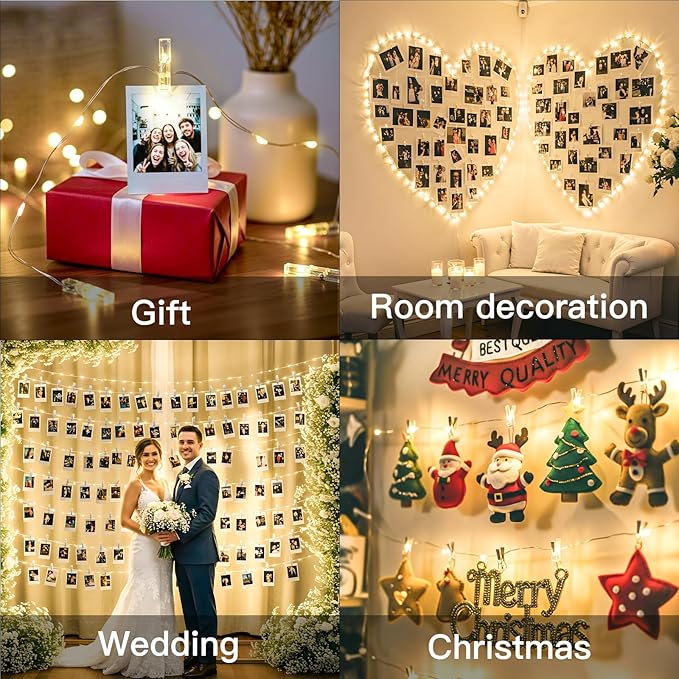 SUDDUS 16ft 50LED Fairy Lights with 22 Clips, Battery/USB Operated Photo Twinkle Lights with Remote Control & Timer, Waterproof Indoor Outdoor String Lights for Wedding Bedroom Dorm Decor (Warm White)
