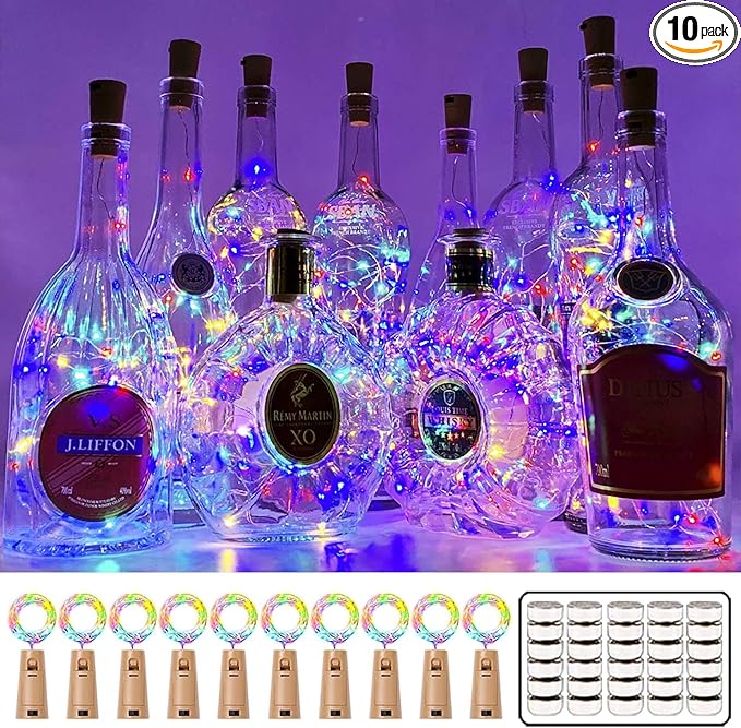 MUMUXI 10 Pack Wine Bottle Lights with Cork Switch, 3.3ft 20 LED Multicolor String Lights, Universal Size for Liquor Bottles, Christmas Decorations, Indoor and Outdoor Use, Easy-to-Use and Versatile