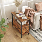 HOOBRO End Table with Charging Station, Narrow Side Table with 2 Drawer & USB Ports & Power Outlets, Nightstand for Small Spaces, for Living Room, Bedroom, Rustic Brown and Black BF541BZ01