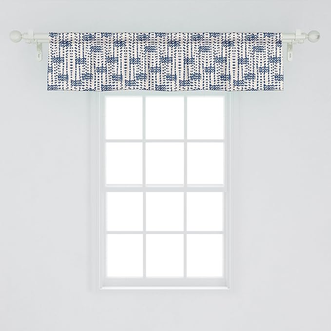 Ambesonne Ethnic Window Valance Pack of 2, Messy Waves and Small Triangles Indonesian Traditional Pattern Watercolors, Rod Pocket Curtain Valances for Kitchen Bedroom, 54" X 12", Navy Blue and Cream