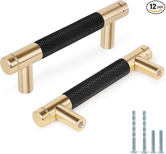 Knurled Cabinet Pulls 12 Pack, 4 Inch Long Cabinet Handles Metal Door Pulls, Kitchen Drawer Pull Knurled Dresser Handles - 3" Hole to Hole, Black & Gold