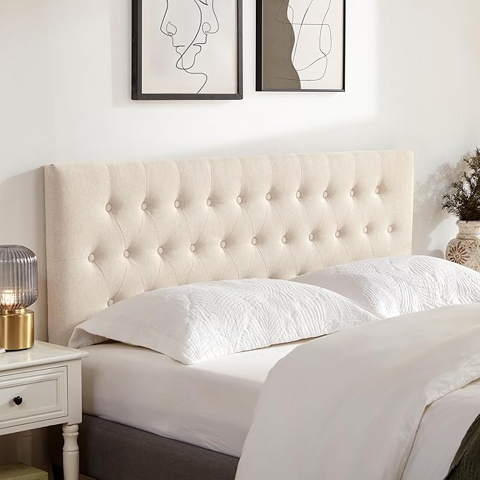 Tufted Upholstered Headboard Twin Size, Solid Wood Head Board with Durable Metal Legs, Adjustable Height Twin XL headboard from 37” to 51” Fabric Headboard in Modern Button Design, Beige