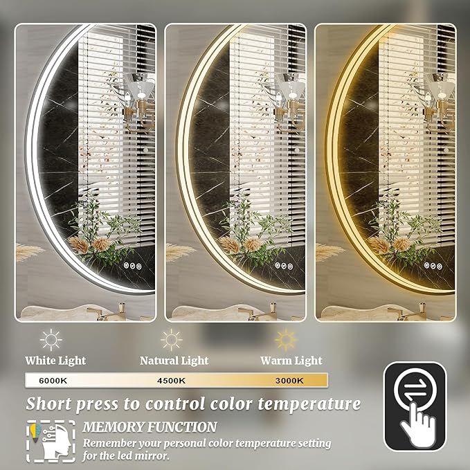 24 Inch Round LED Bathroom Mirror, Black Metal Framed Lighted Mirror for Bathroom, Wall Mouted LED Vanity Mirror with Lights, 3 Colors and Stepless Dimmable, Anti-Fog, Memory
