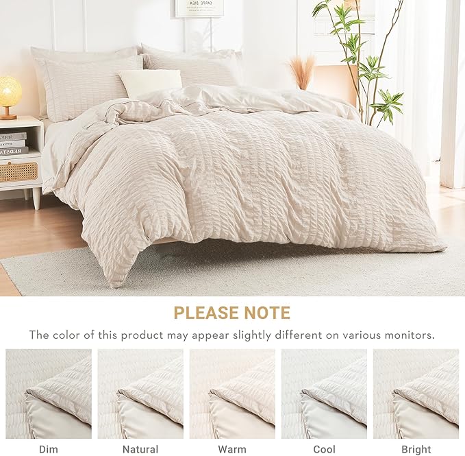 HYMOKEGE Beige Oversized Queen Comforter Set Seersucker 7 Pieces, All Season Luxury Bed in a Bag for Bedroom, Bedding Set with Comforter, Sheets, Pillowcases & Shams