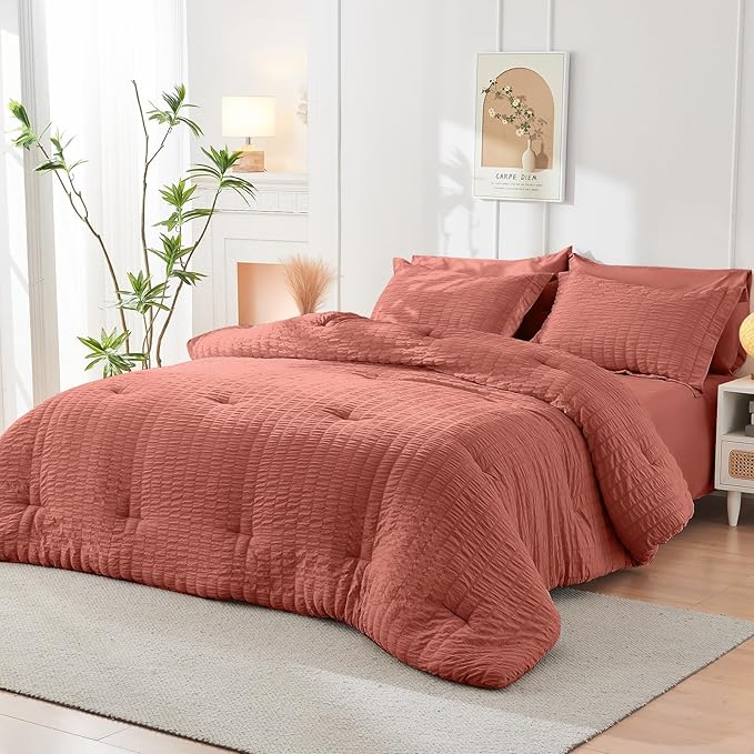 HYMOKEGE Coral California King Comforter Set Seersucker 7 Pieces, All Season Luxury Bed in a Bag for Bedroom, Bedding Set with Comforter, Sheets, Pillowcases & Shams